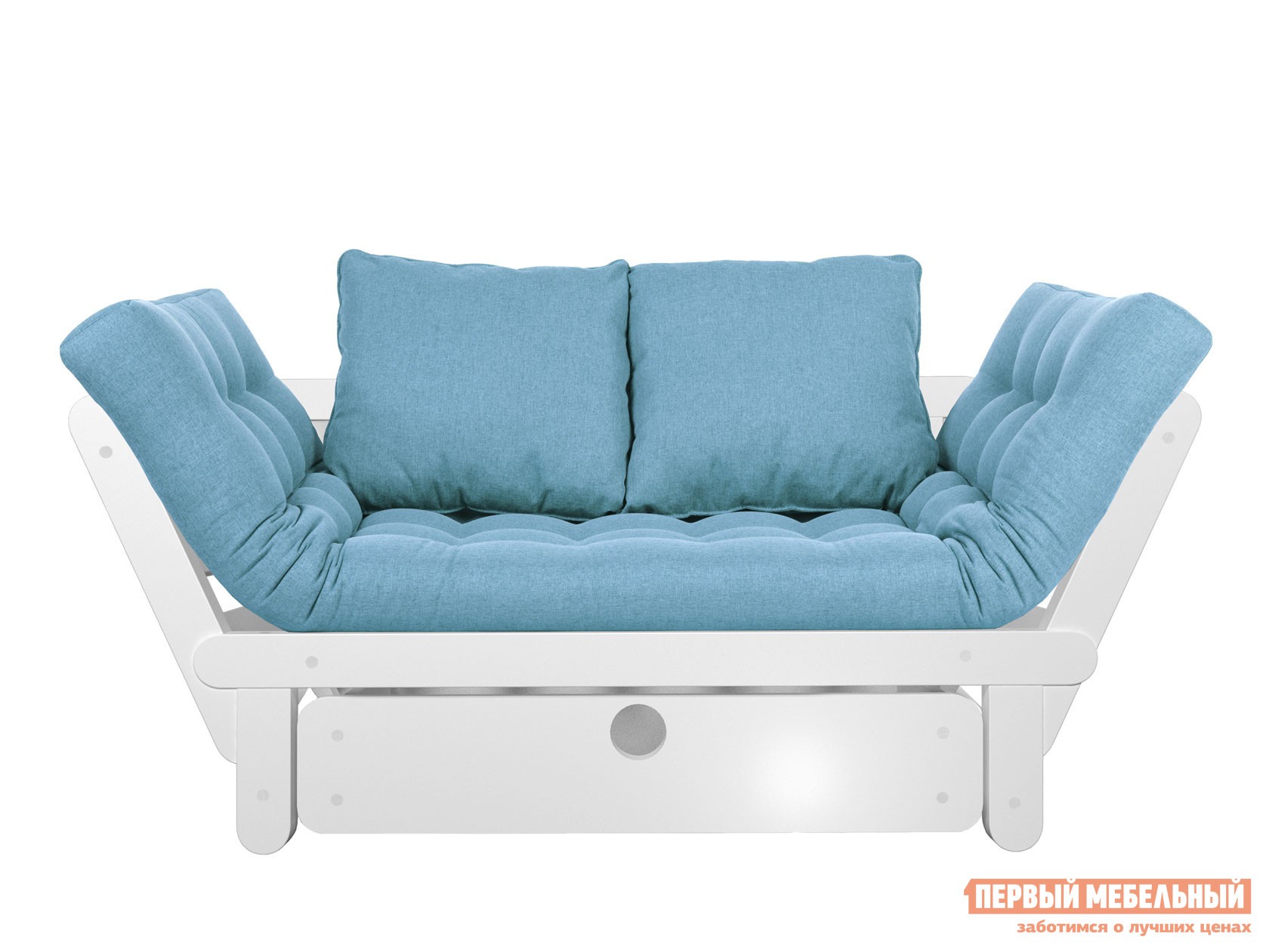 Прямой диван  Сламбер Бокс Белая эмаль, Голубой, рогожка