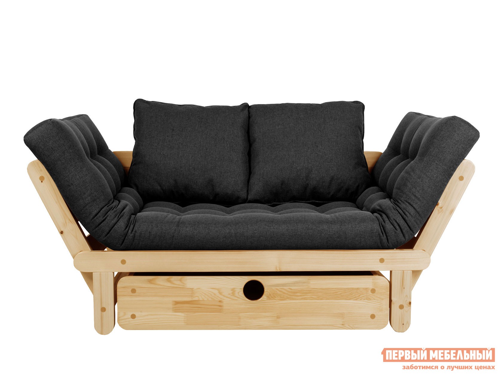 Прямой диван  Сламбер Бокс Сосна натуральная, Черный, рогожка