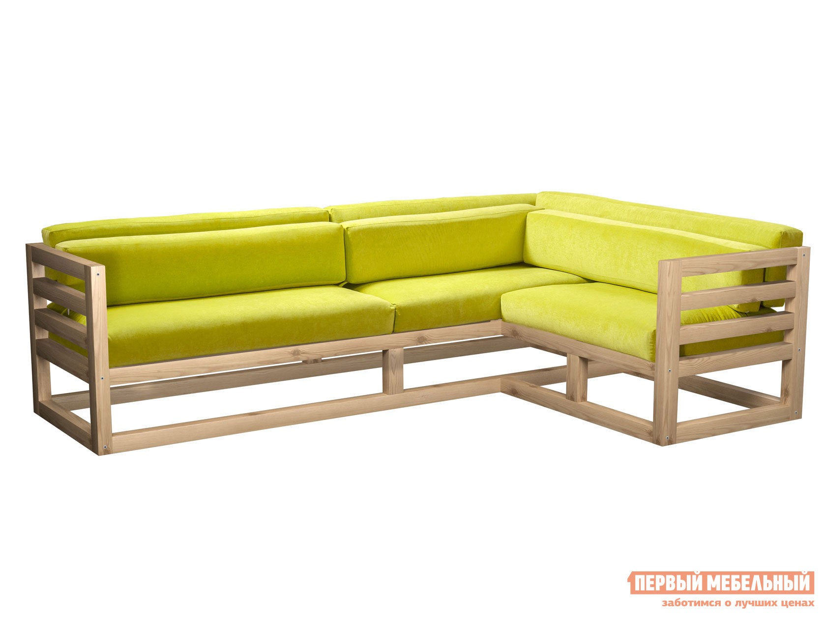 Угловой диван  Магнус Лимонный, вельвет, Правая, Сосна натуральная