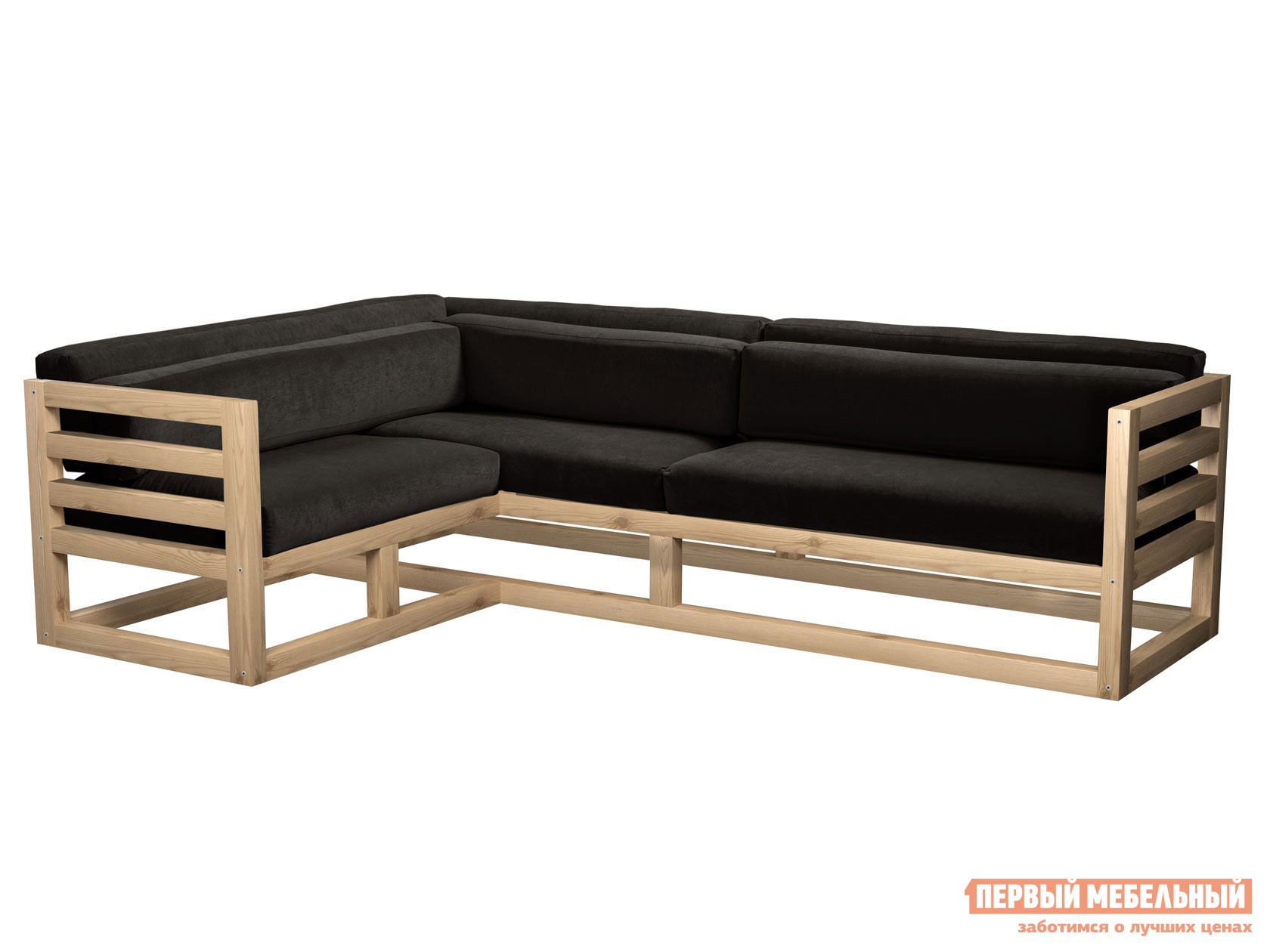 Угловой диван  Магнус Черный, вельвет, Левая, Сосна натуральная