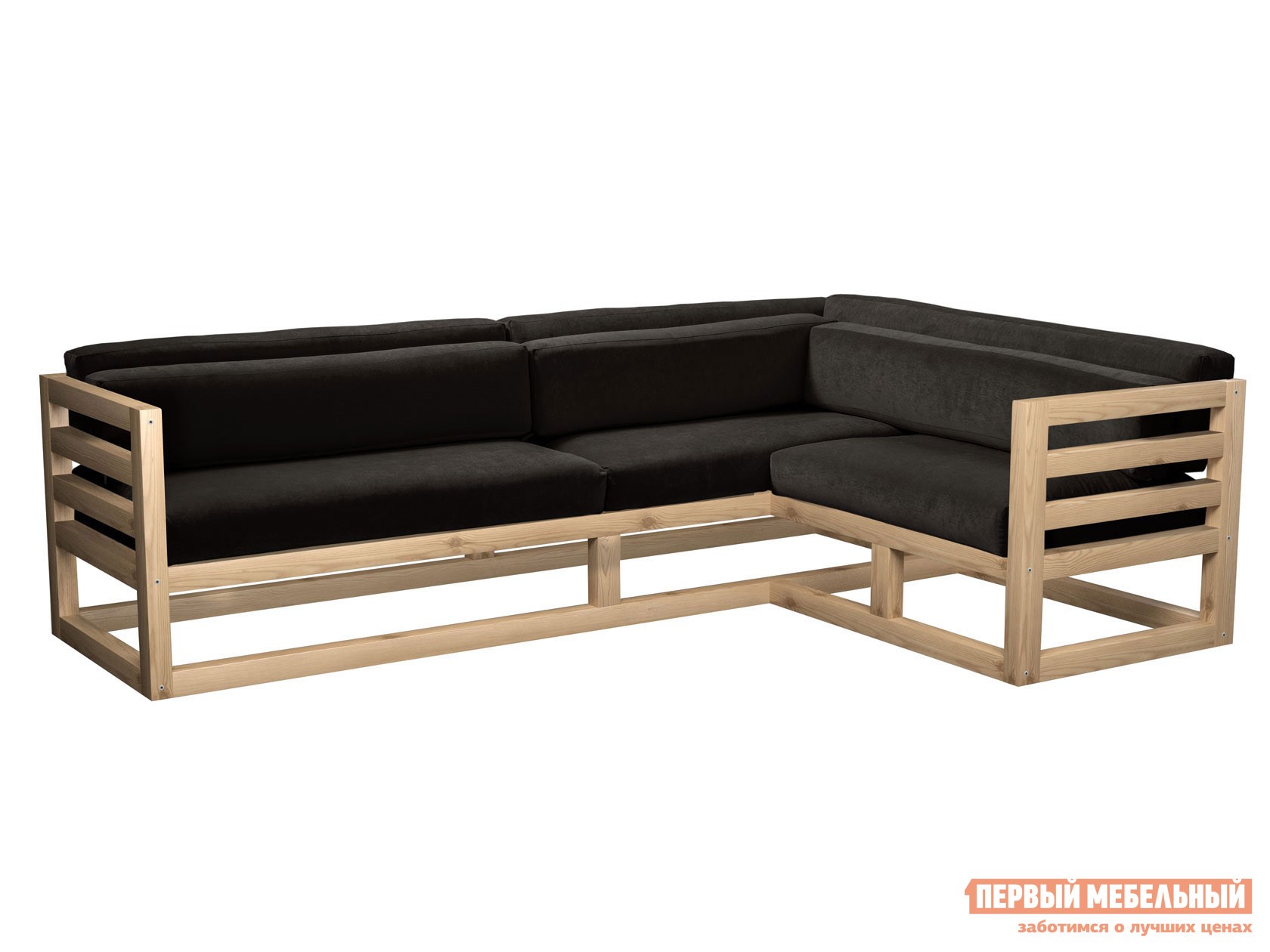 Угловой диван  Магнус Черный, вельвет, Правая, Сосна натуральная