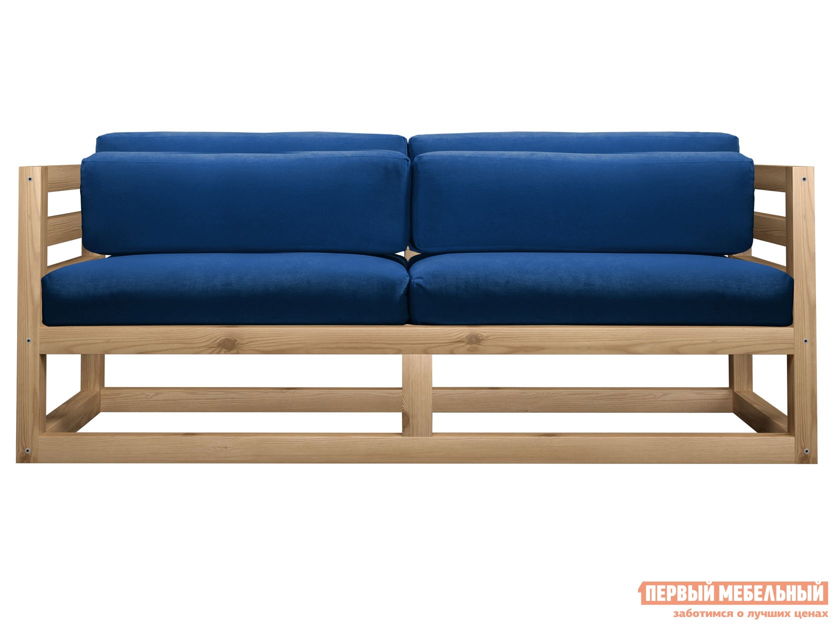 Прямой диван  Магнус Мини Синий, вельвет, Сосна натуральная