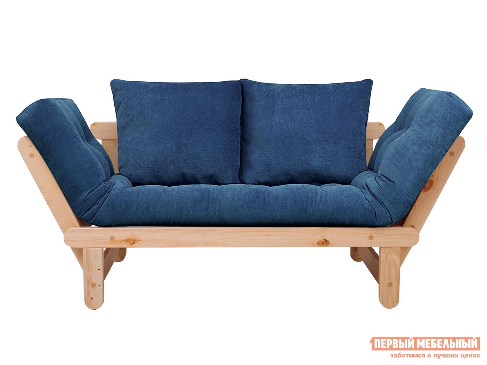 Прямой диван  Сламбер Синий, вельвет, Сосна натуральная