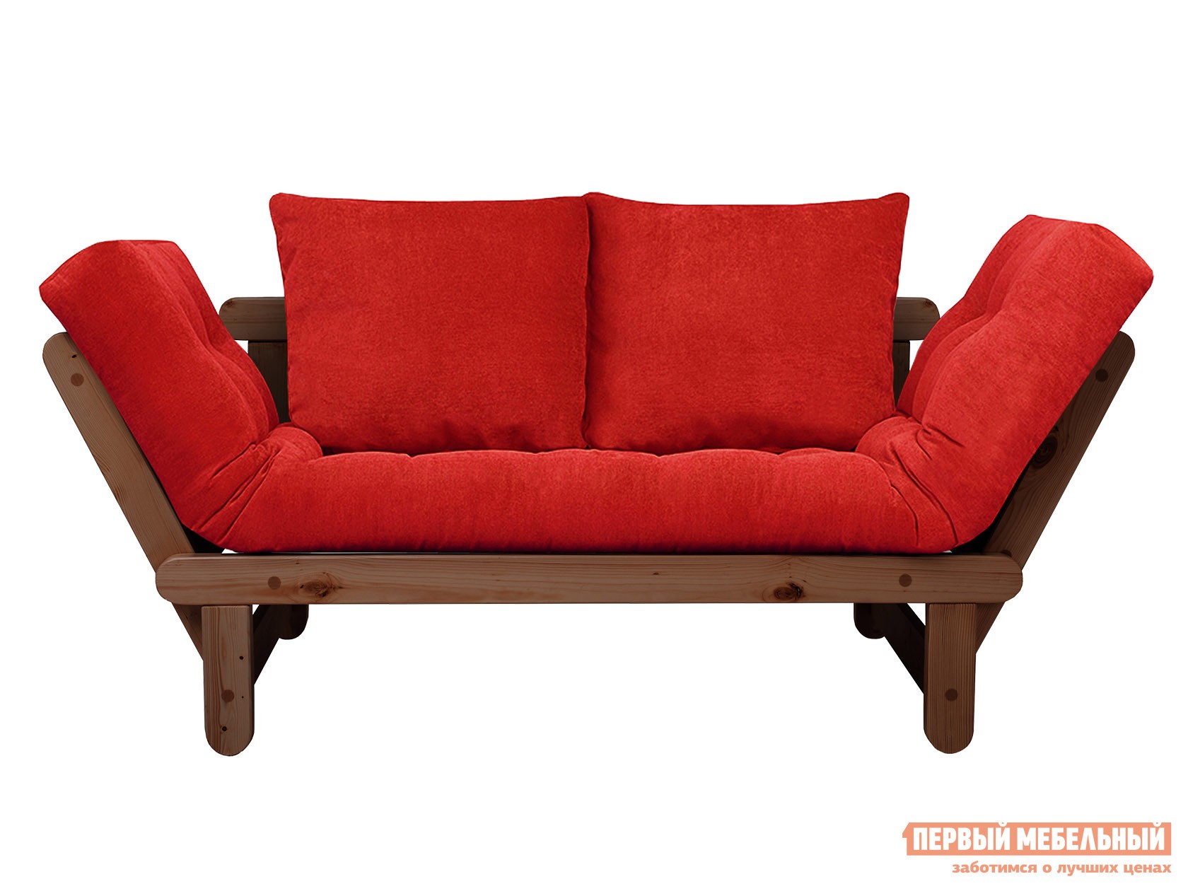 Прямой диван  Сламбер Красный, вельвет, Орех