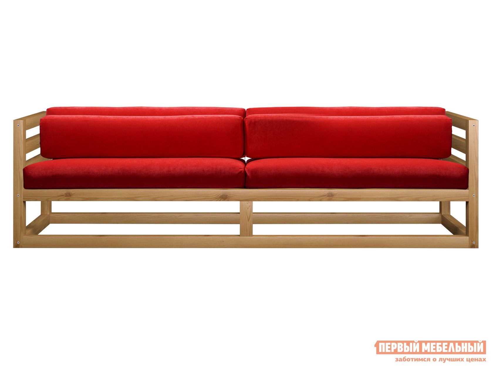 Прямой диван  Магнус Красный, вельвет, Сосна натуральная