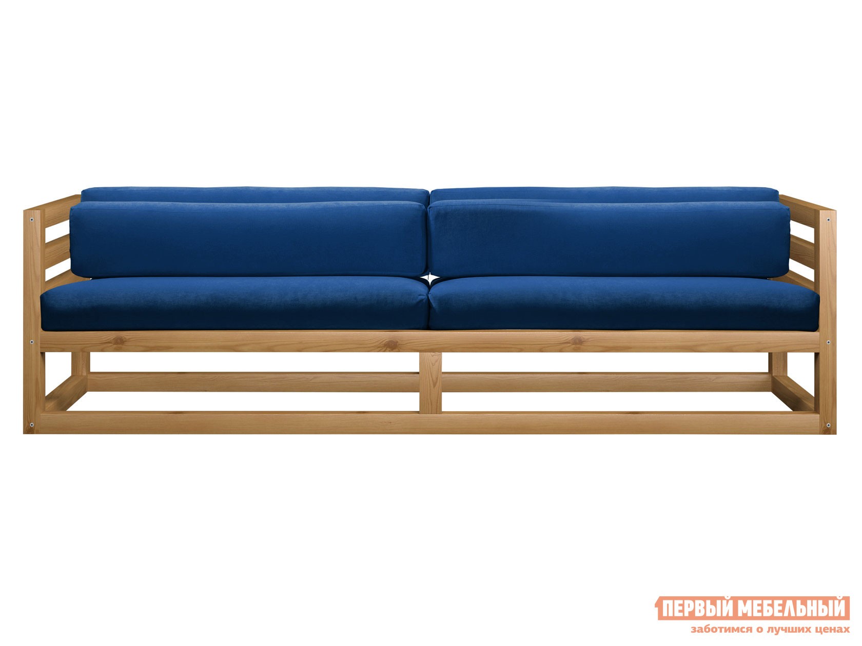 Прямой диван  Магнус Синий, вельвет, Сосна натуральная