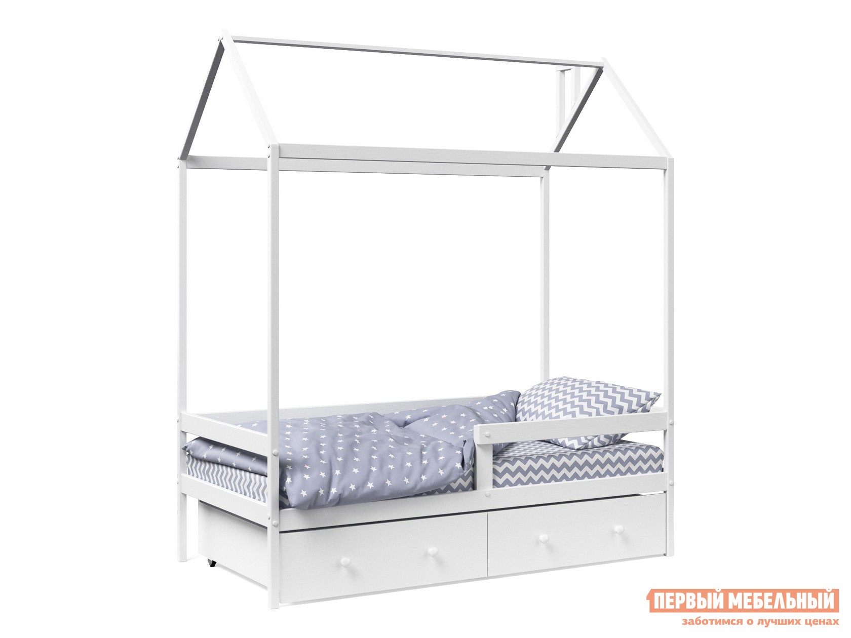 Детская кровать  Домик Белый, С ящиками, С бортиком