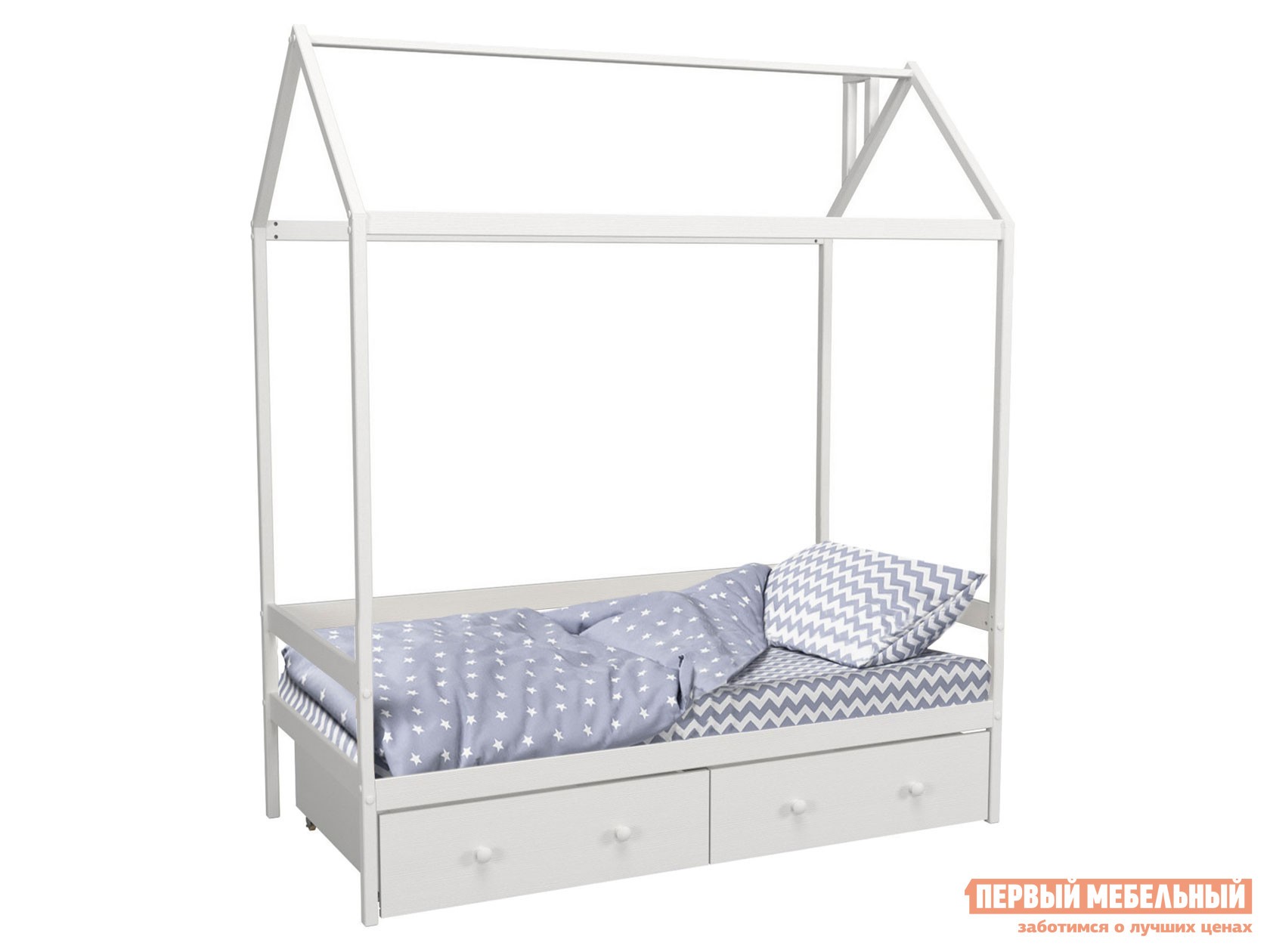 Детская кровать  Домик Белый, С ящиками, Без бортика