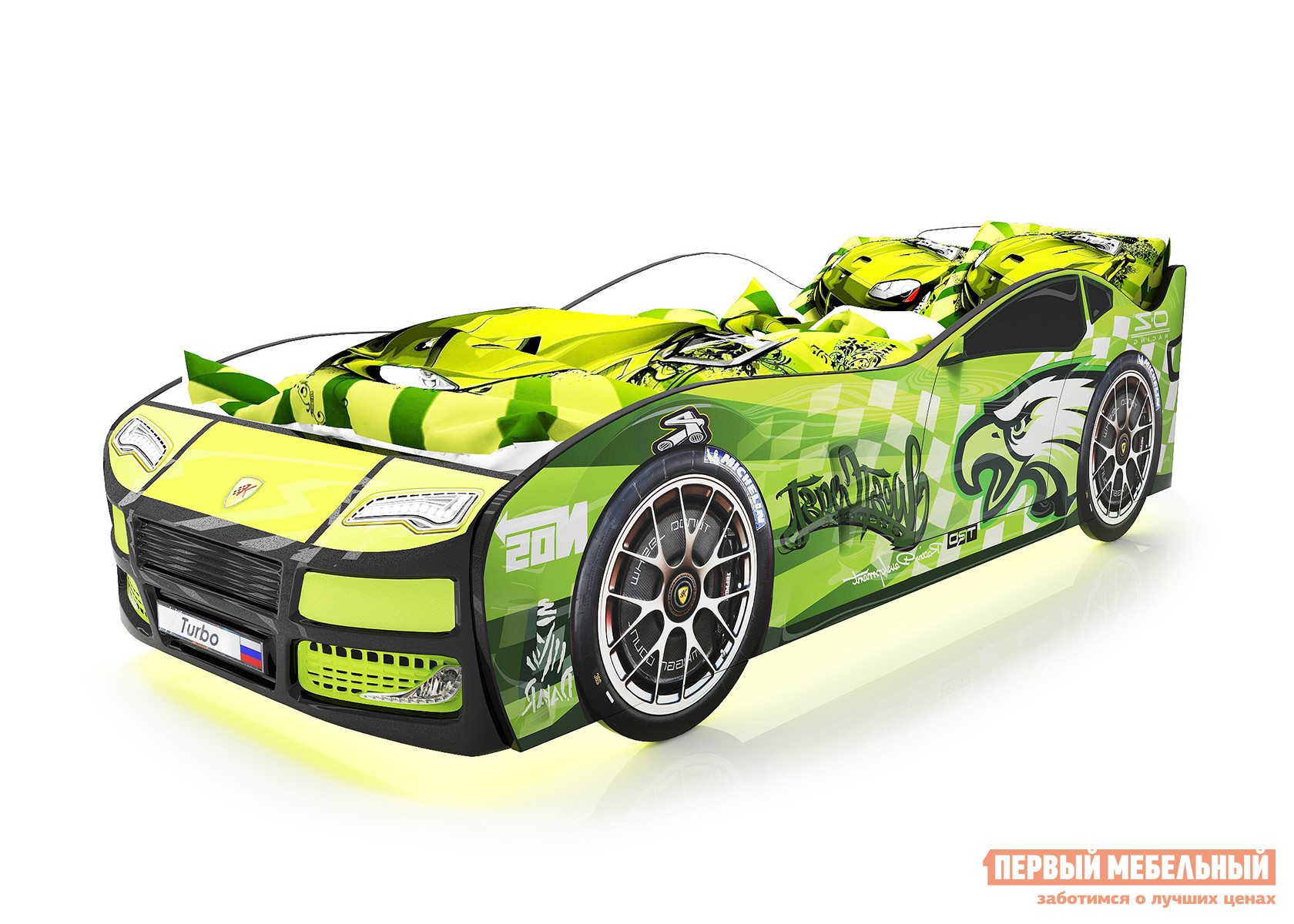 Кровать-машина  Турбо Зеленый (Гудзон), С подсветкой дна