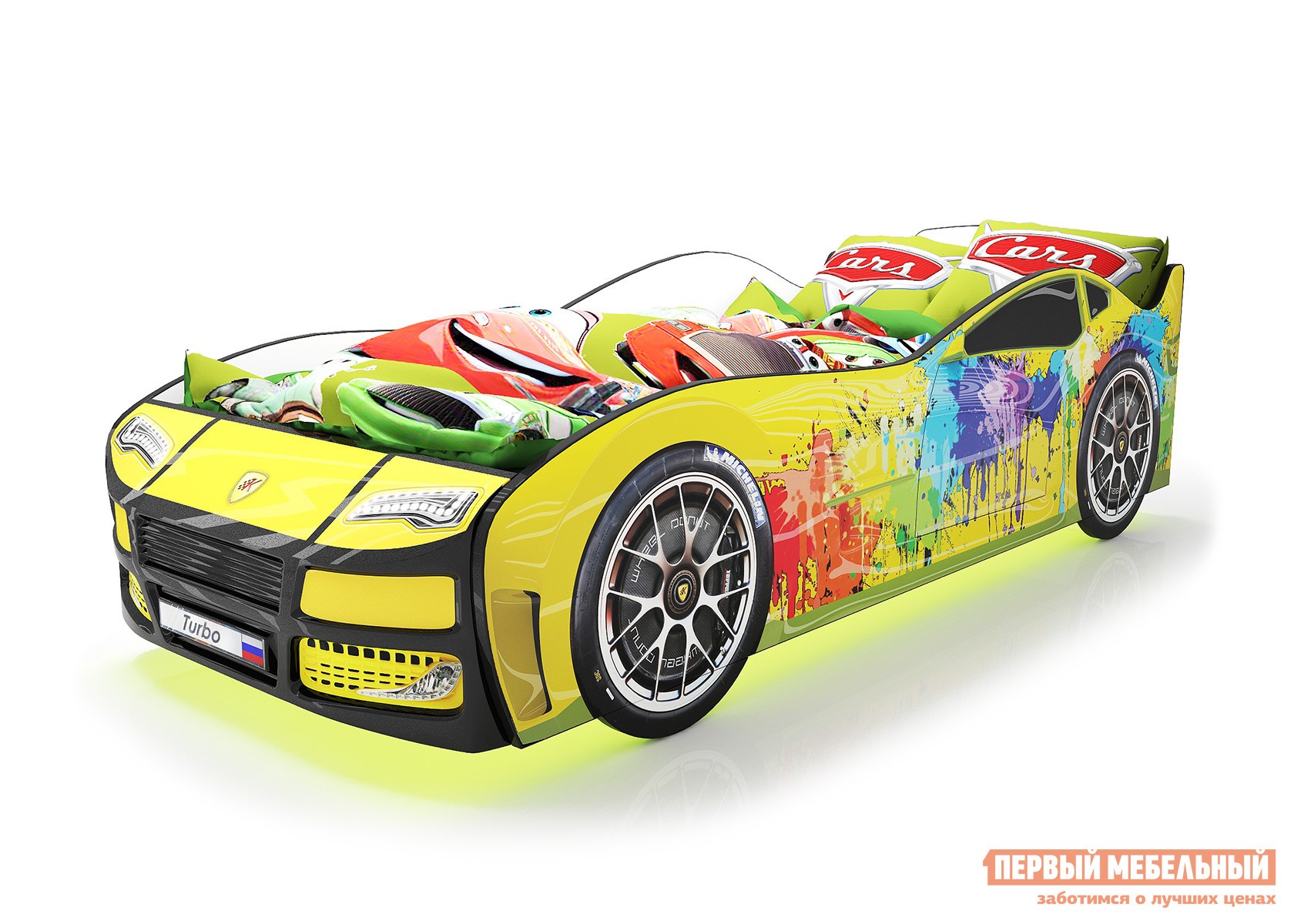 Кровать-машина  Турбо Желтый 2 (Турбо), С подсветкой дна