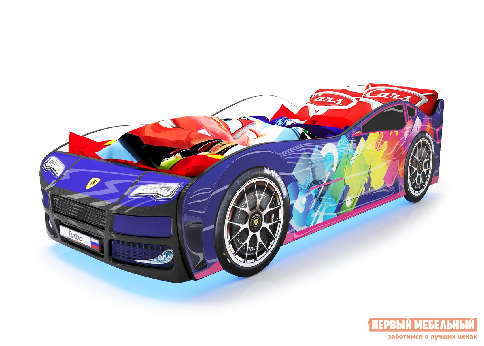 Кровать-машина  Турбо Синий 2 (Турбо), С подсветкой дна