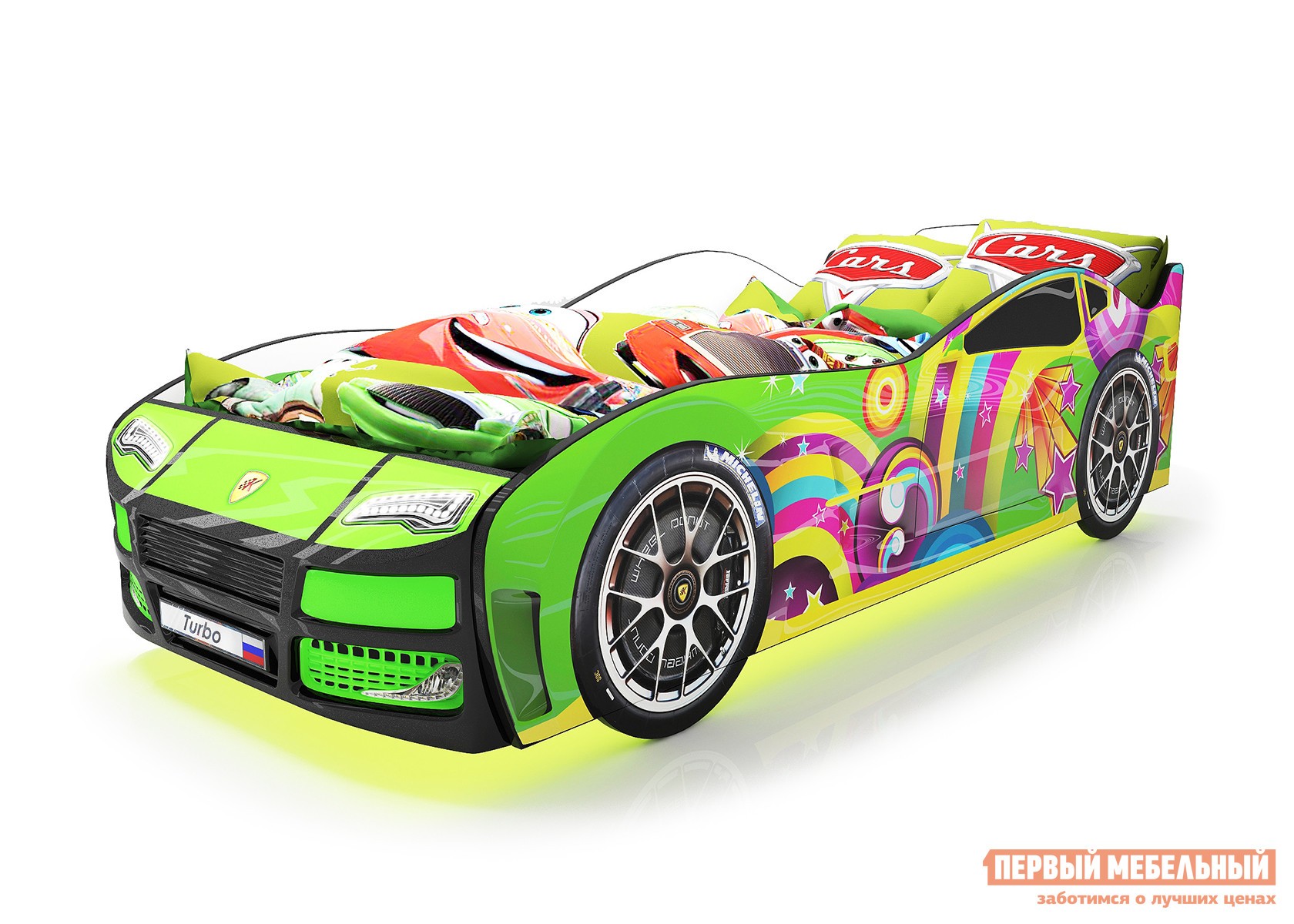 Кровать-машина  Турбо Зеленый (Турбо), С подсветкой дна