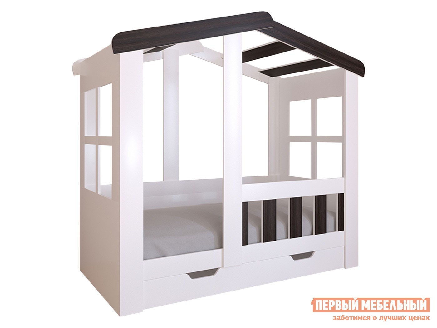 Детская кровать  Астра Домик Белый / Венге, С ящиком