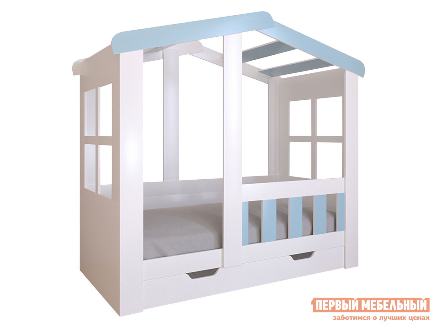 Детская кровать  Астра Домик Белый / Голубой, С ящиком