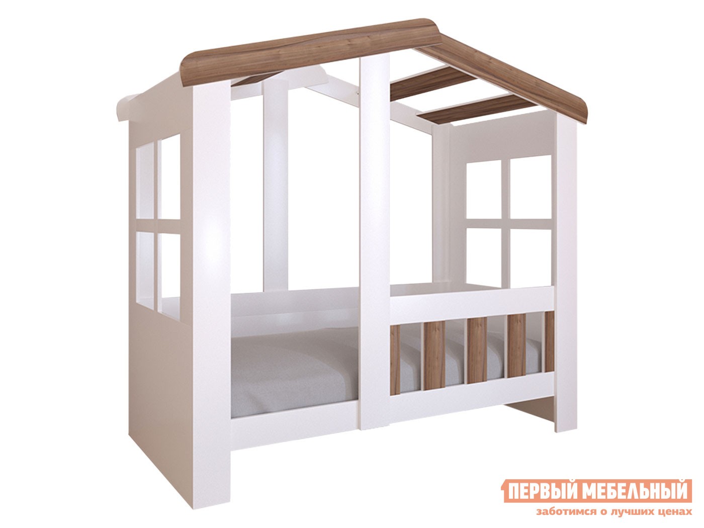 Детская кровать  Астра Домик Белый / Орех, Без ящика