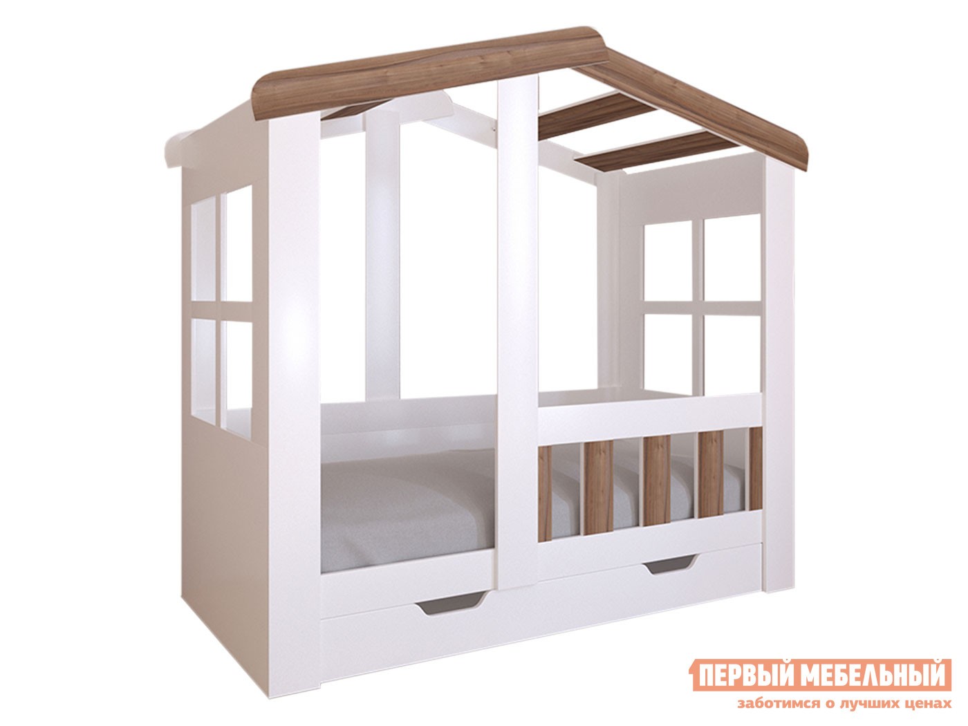 Детская кровать  Астра Домик Белый / Орех, С ящиком