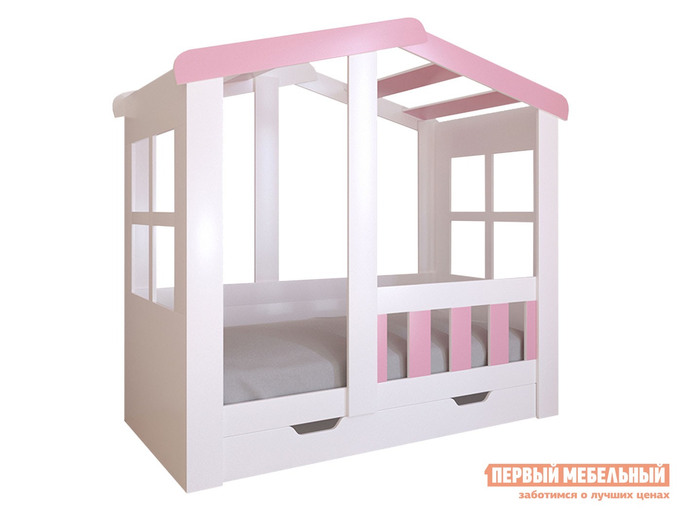 Детская кровать  Астра Домик Белый / Розовый, С ящиком