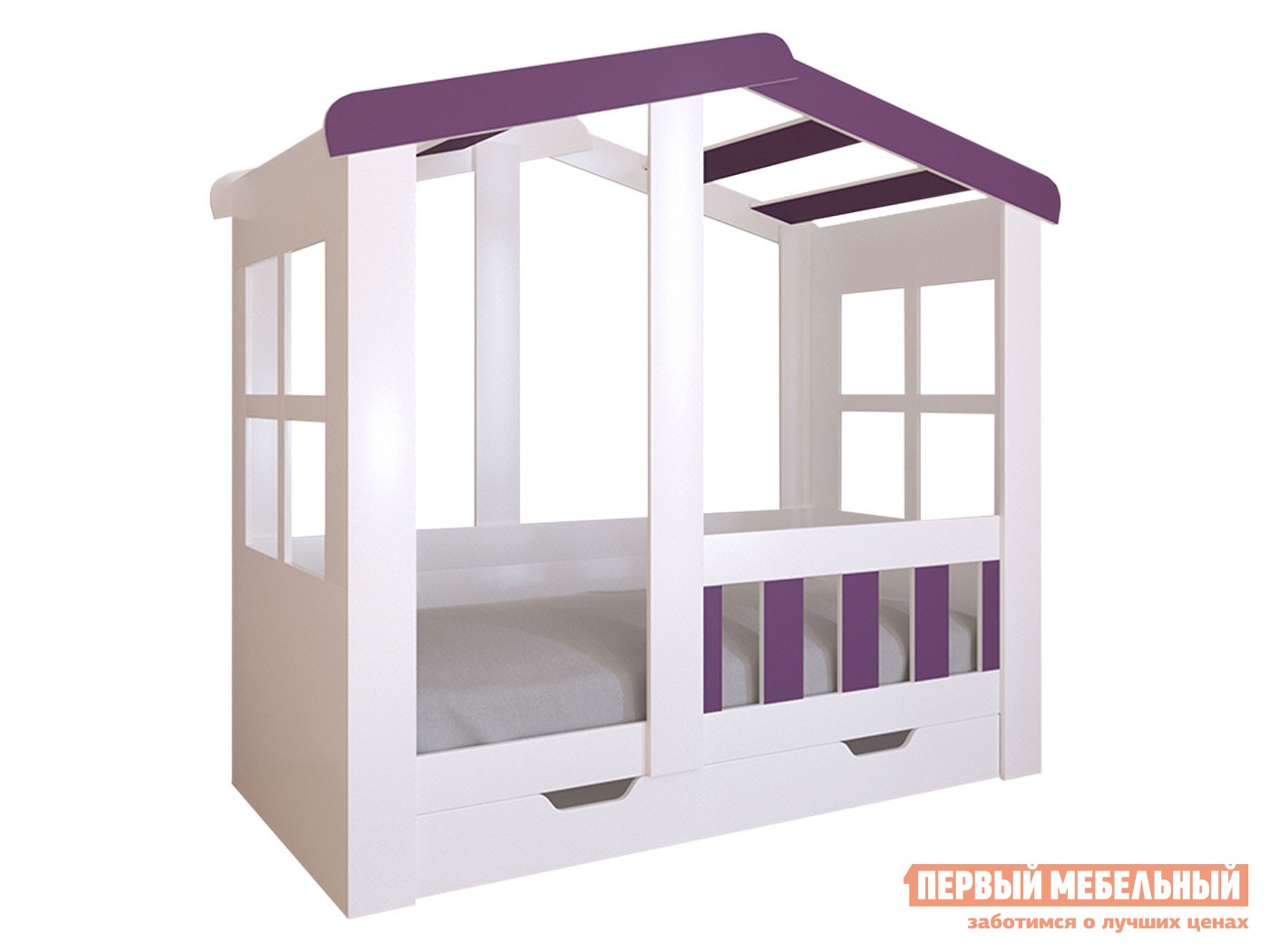 Детская кровать  Астра Домик Белый / Фиолетовый, С ящиком