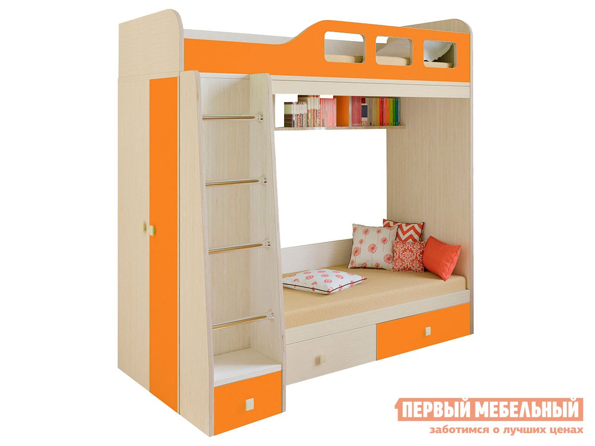 Двухъярусная кровать  Астра 3 Дуб Молочный / Оранжевый