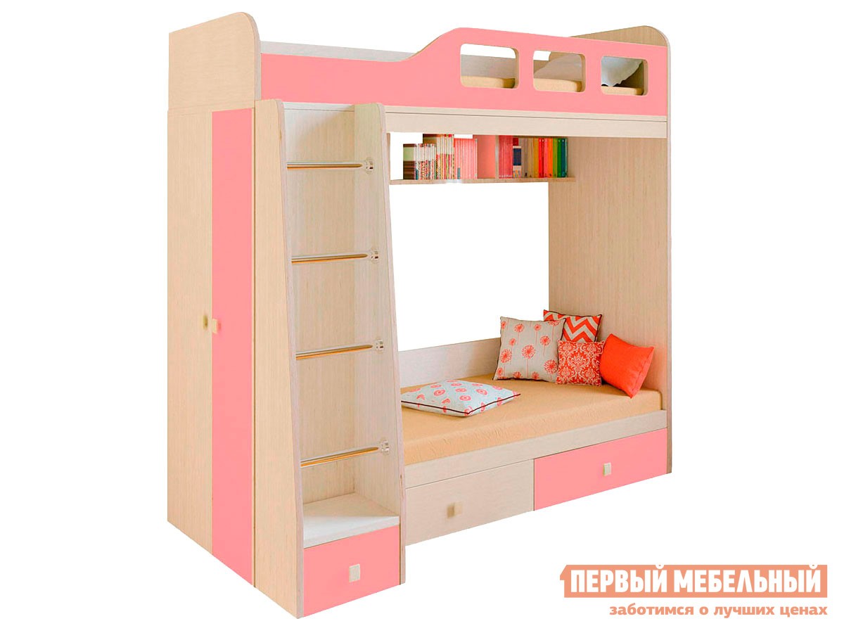 Двухъярусная кровать  Астра 3 Дуб Молочный / Розовый