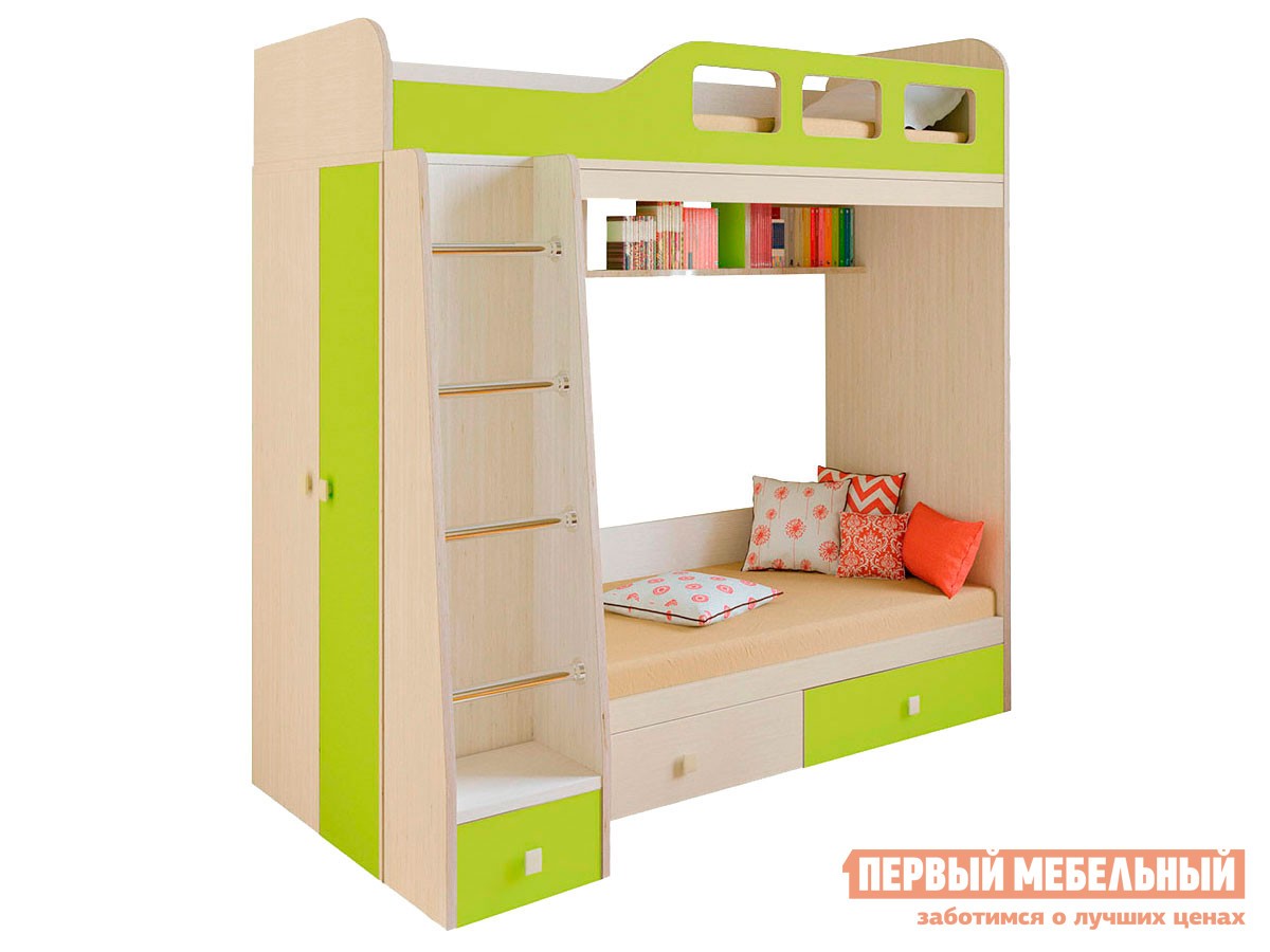 Двухъярусная кровать  Астра 3 Дуб Молочный / Салатовый