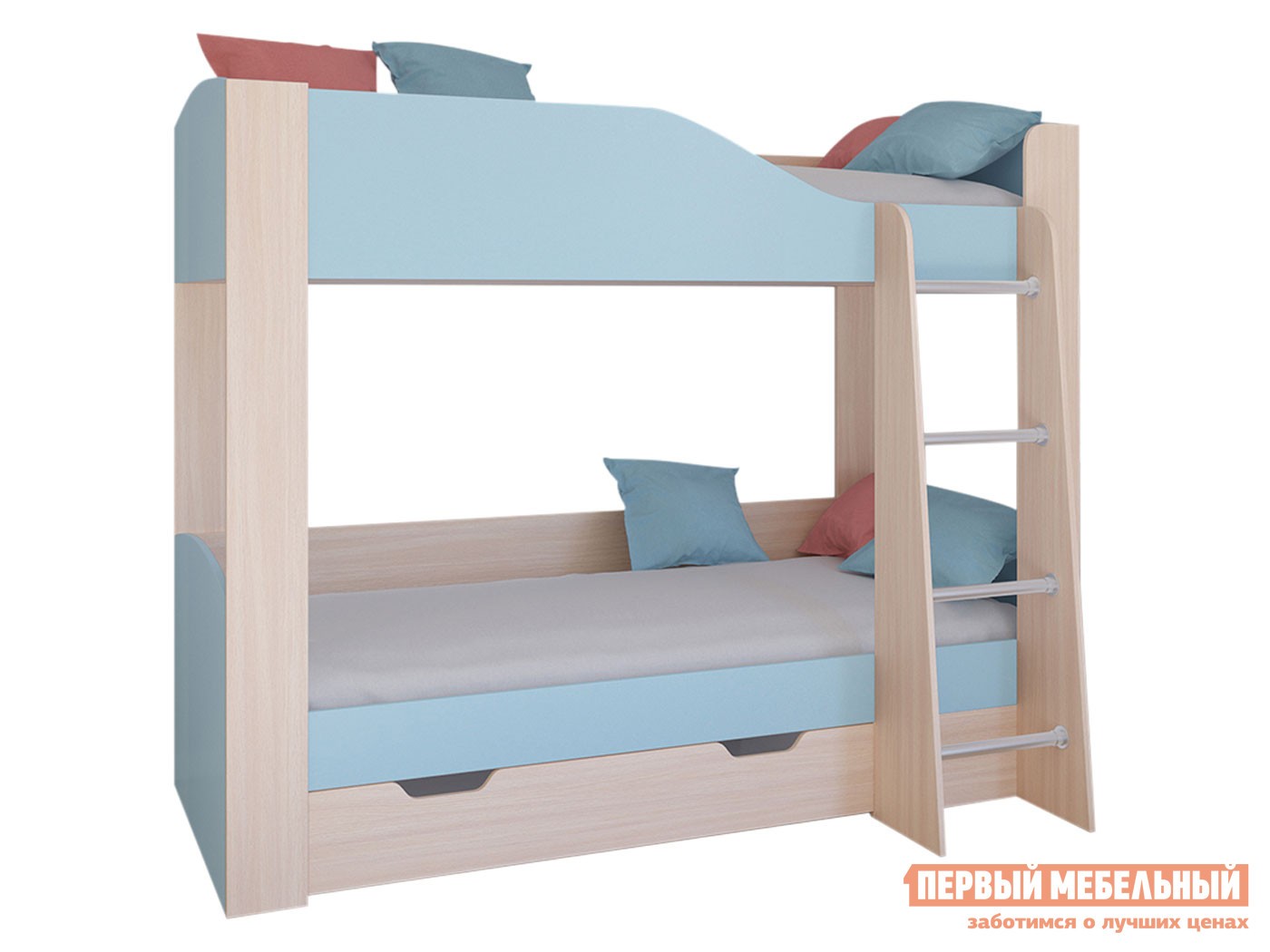 Двухъярусная кровать  Астра 2 Дуб Молочный / Голубой, С ящиком