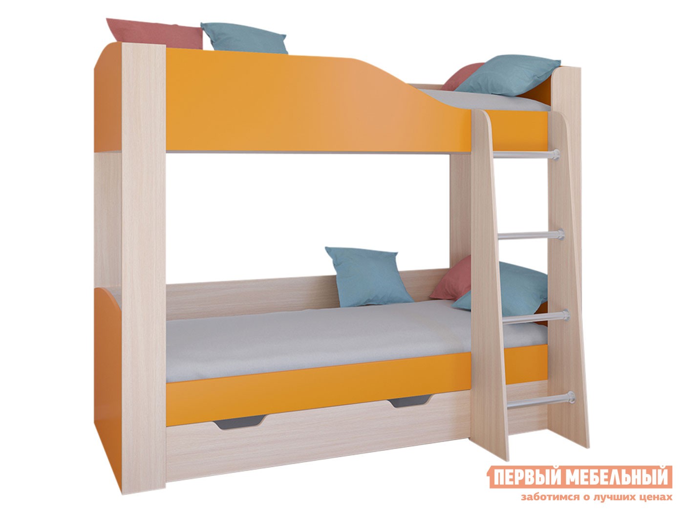 Двухъярусная кровать  Астра 2 Дуб Молочный / Оранжевый, С ящиком