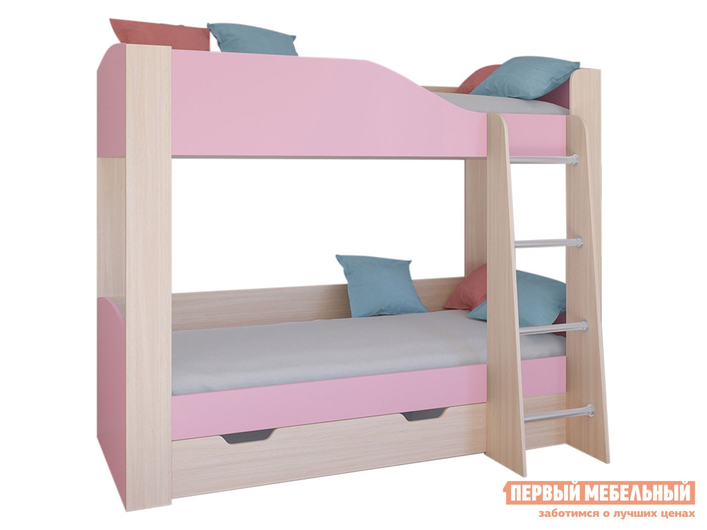 Двухъярусная кровать  Астра 2 Дуб Молочный / Розовый, С ящиком