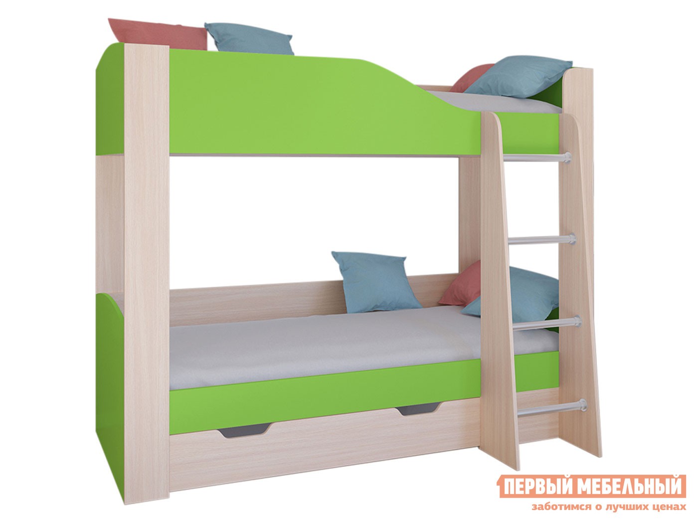 Двухъярусная кровать  Астра 2 Дуб Молочный / Салатовый, С ящиком