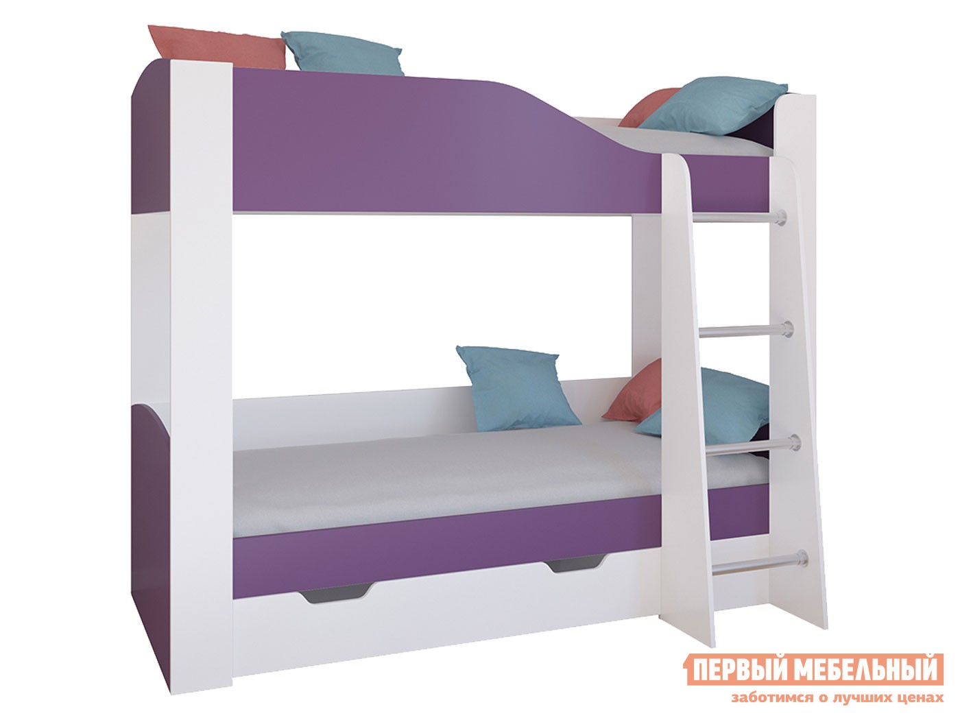 Двухъярусная кровать  Астра 2 Белый / Фиолетовый, С ящиком