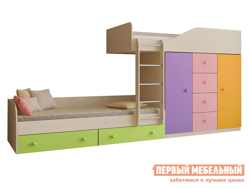 Двухъярусная кровать  Астра-6 Дуб Молочный, Мультицвет розовый