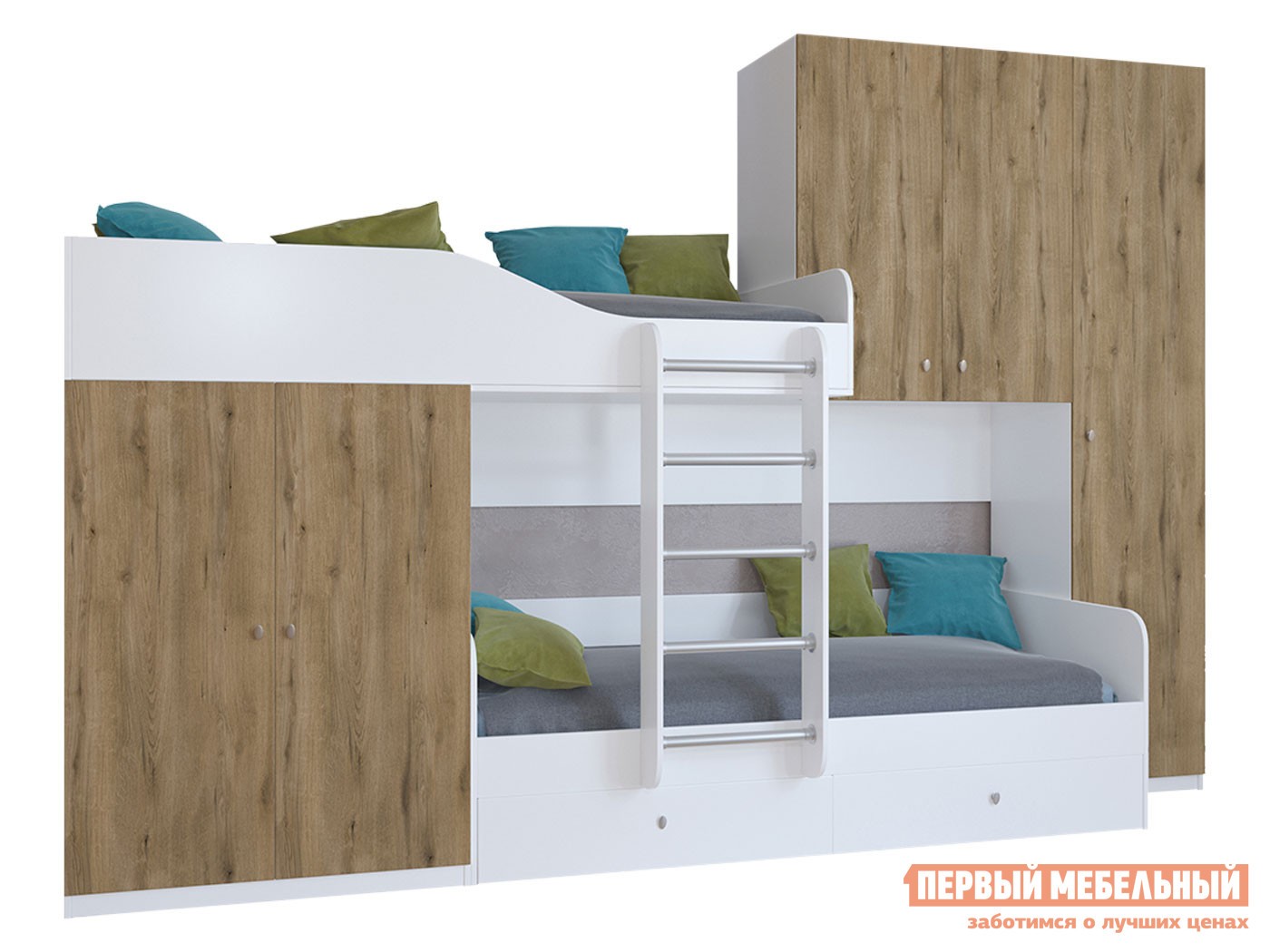 Двухъярусная кровать  Лео Белый / Дуб Эвок прибрежный