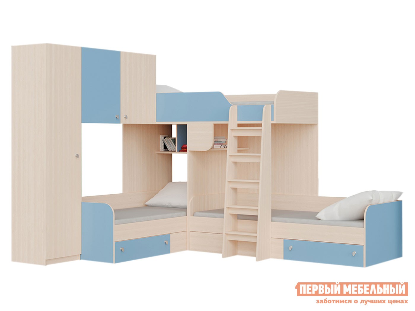 Двухъярусная кровать  Трио Дуб Молочный / Голубой, Левая