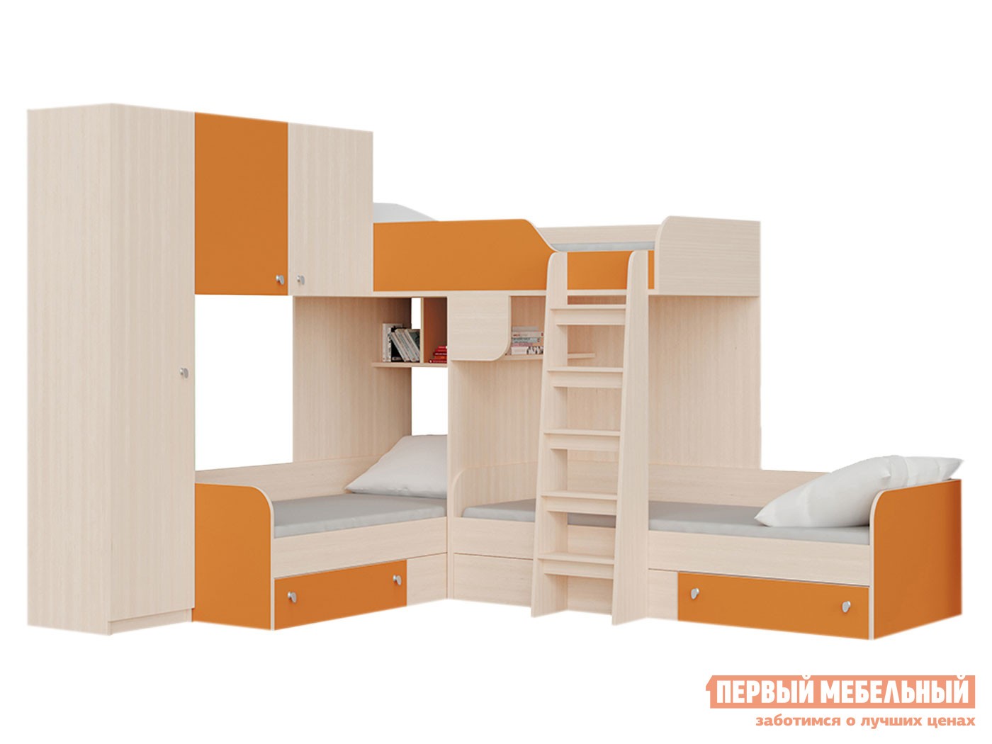 Двухъярусная кровать  Трио Дуб Молочный / Оранжевый, Левая