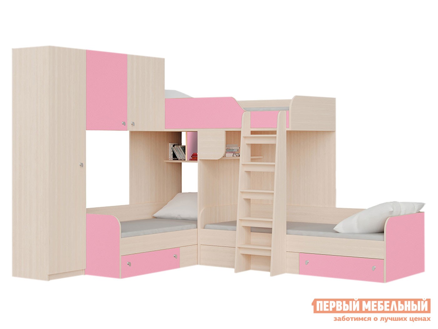 Двухъярусная кровать  Трио Дуб Молочный / Розовый, Левая