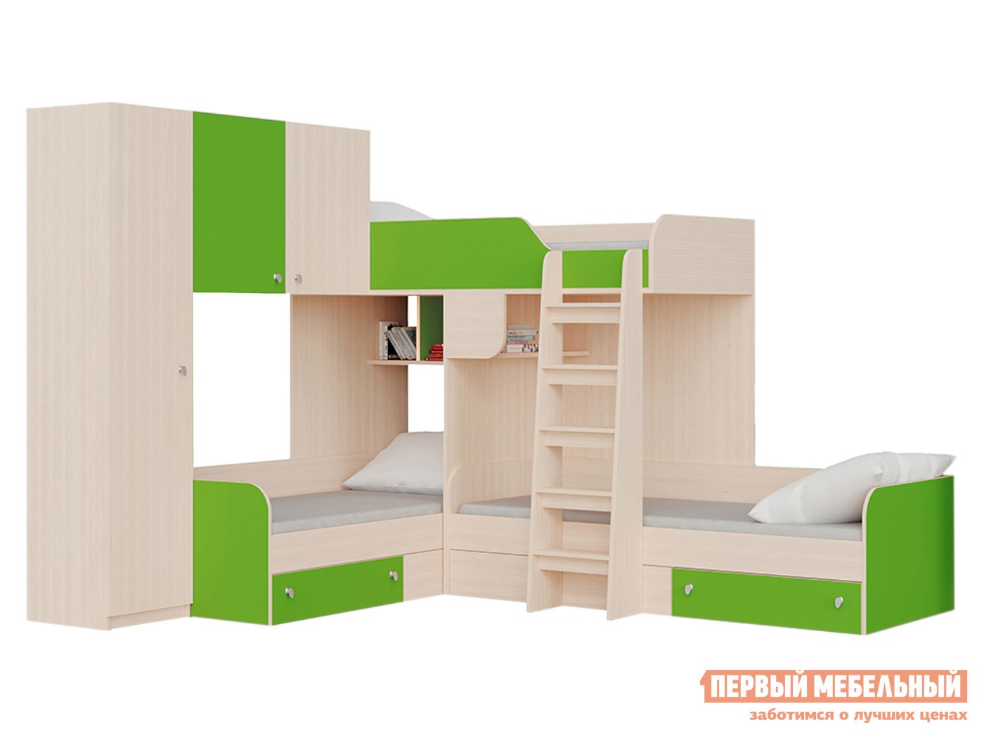 Двухъярусная кровать  Трио Дуб Молочный / Салатовый, Левая