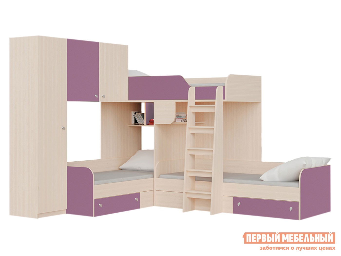 Двухъярусная кровать  Трио Дуб Молочный / Фиолетовый, Левая