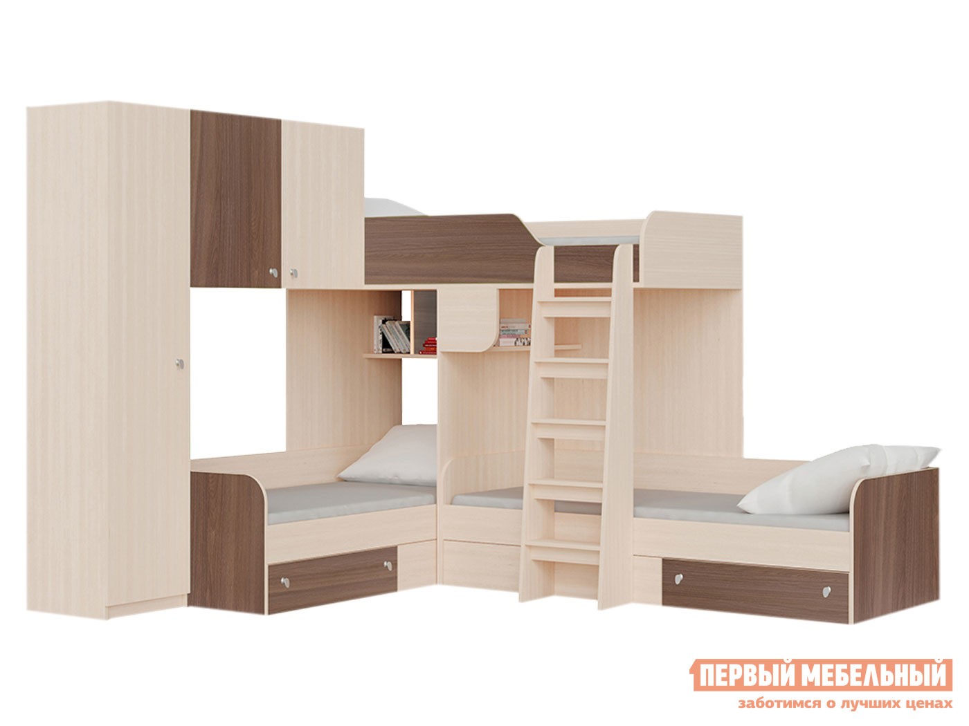 Двухъярусная кровать  Трио Дуб Молочный / Орех, Левая