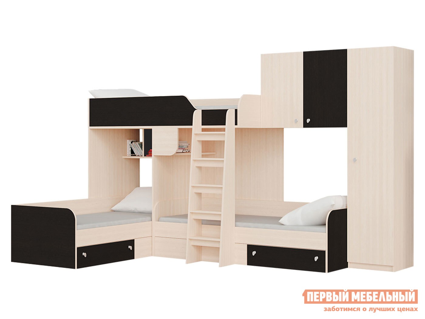 Двухъярусная кровать  Трио Дуб Молочный / Венге, Правая
