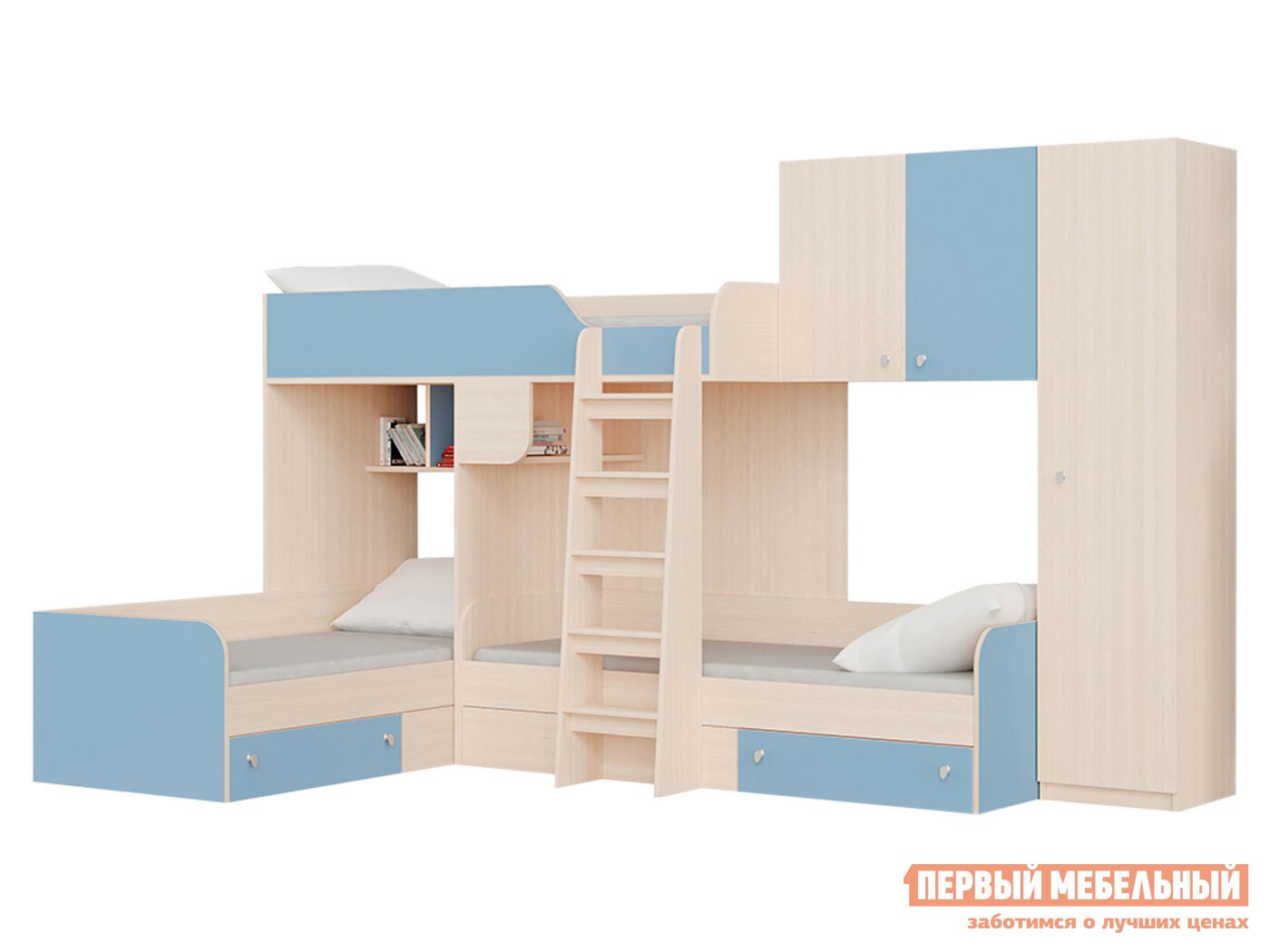 Двухъярусная кровать  Трио Дуб Молочный / Голубой, Правая