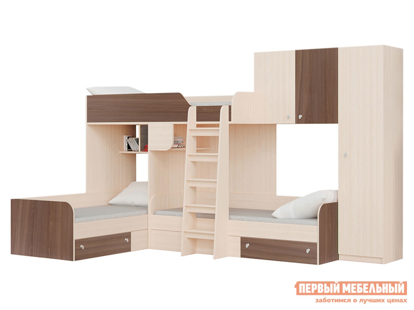 Двухъярусная кровать  Трио Дуб Молочный / Орех, Правая