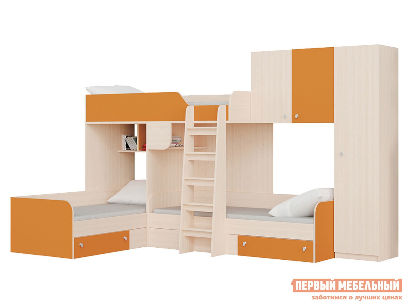 Двухъярусная кровать  Трио Дуб Молочный / Оранжевый, Правая
