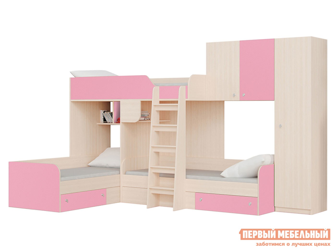 Двухъярусная кровать  Трио Дуб Молочный / Розовый, Правая