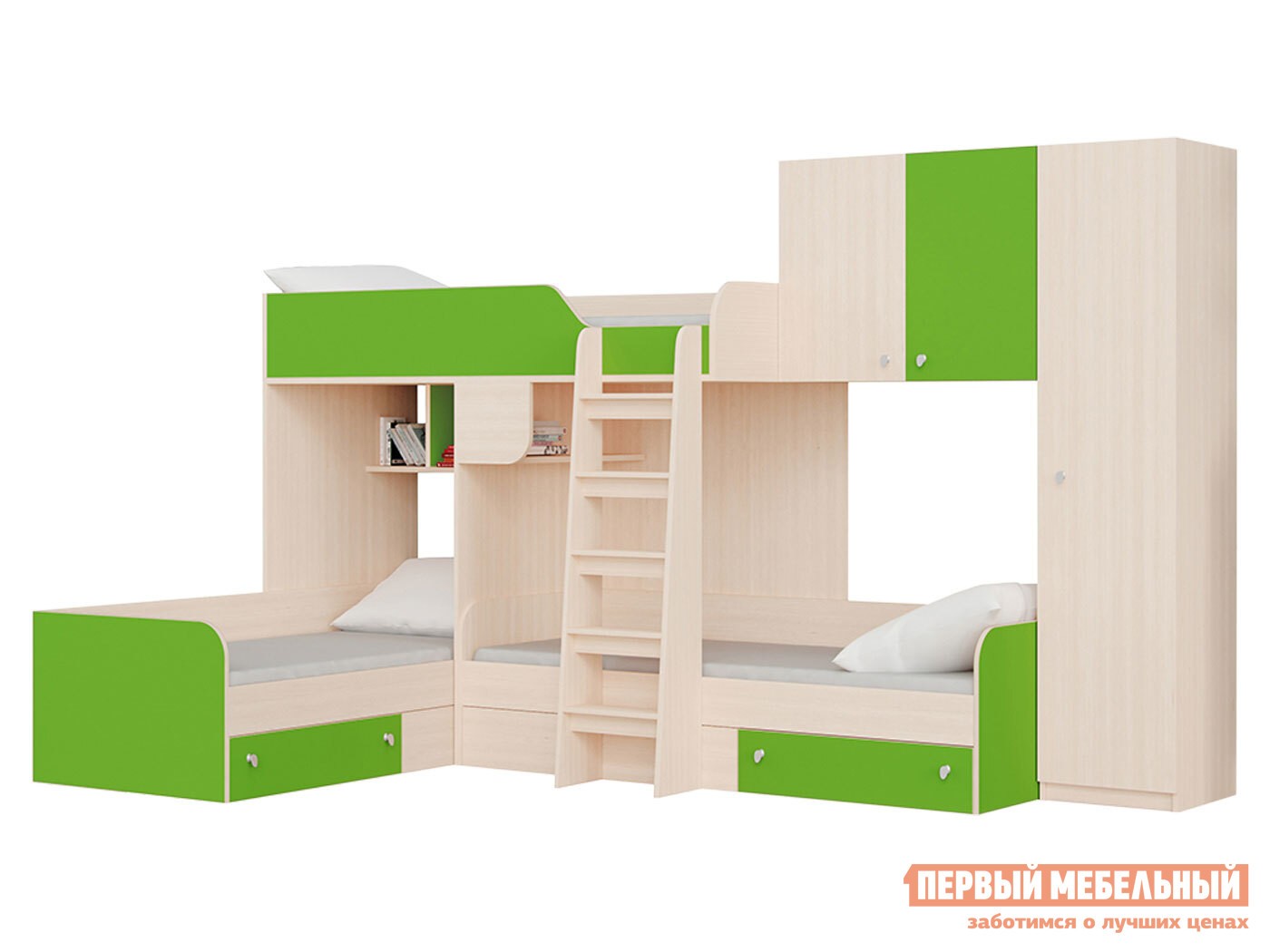 Двухъярусная кровать  Трио Дуб Молочный / Салатовый, Правая