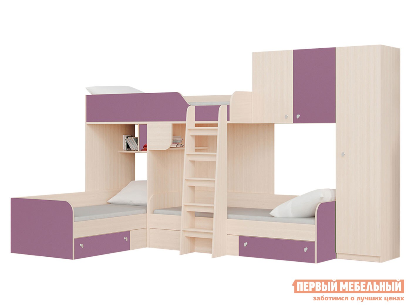 Двухъярусная кровать  Трио Дуб Молочный / Фиолетовый, Правая