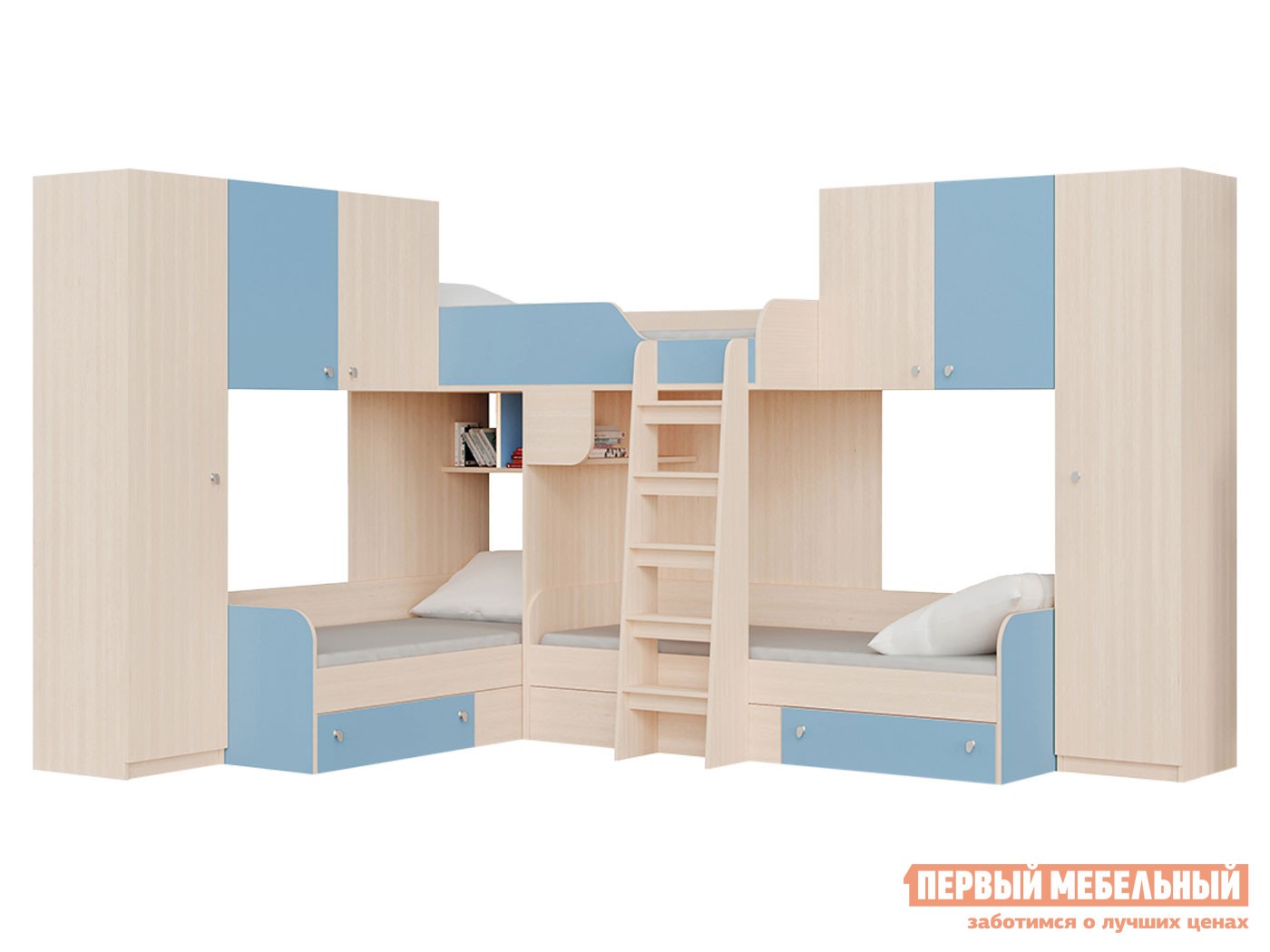 Двухъярусная кровать  Трио/3 Дуб Молочный / Голубой