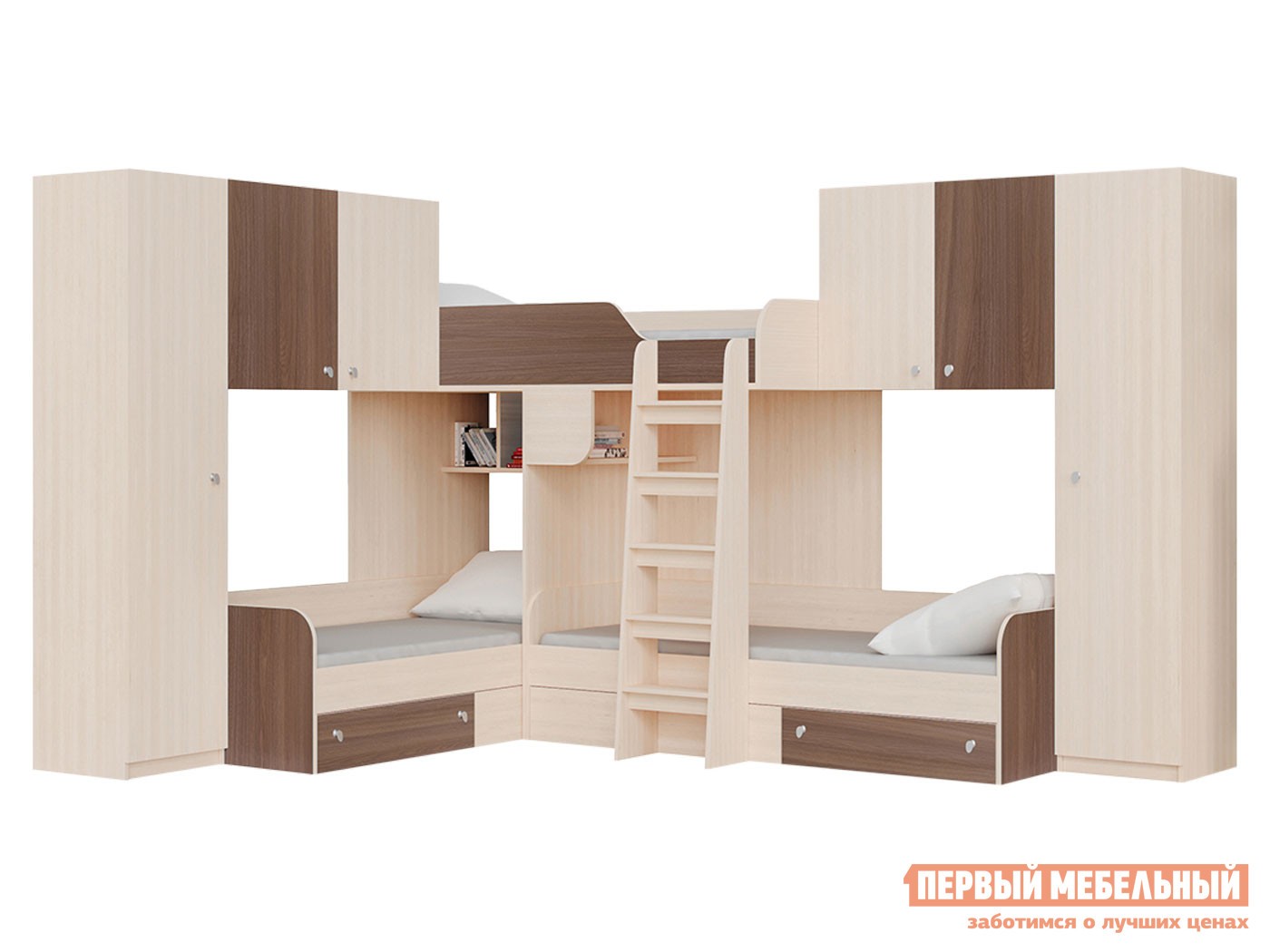 Двухъярусная кровать  Трио/3 Дуб Молочный / Орех