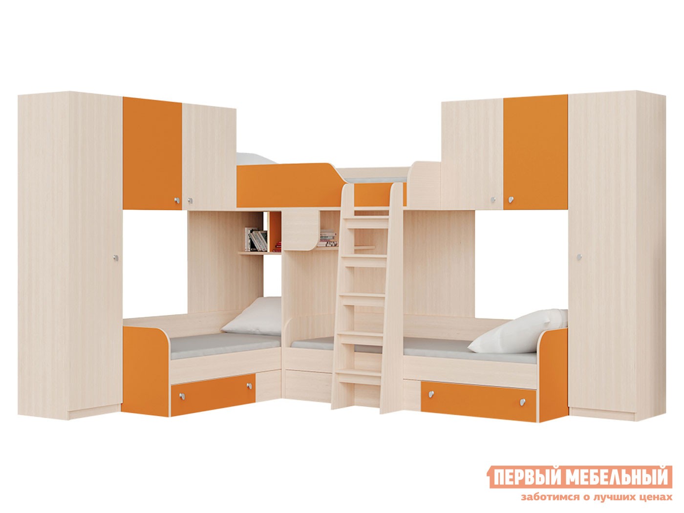 Двухъярусная кровать  Трио/3 Дуб Молочный / Оранжевый