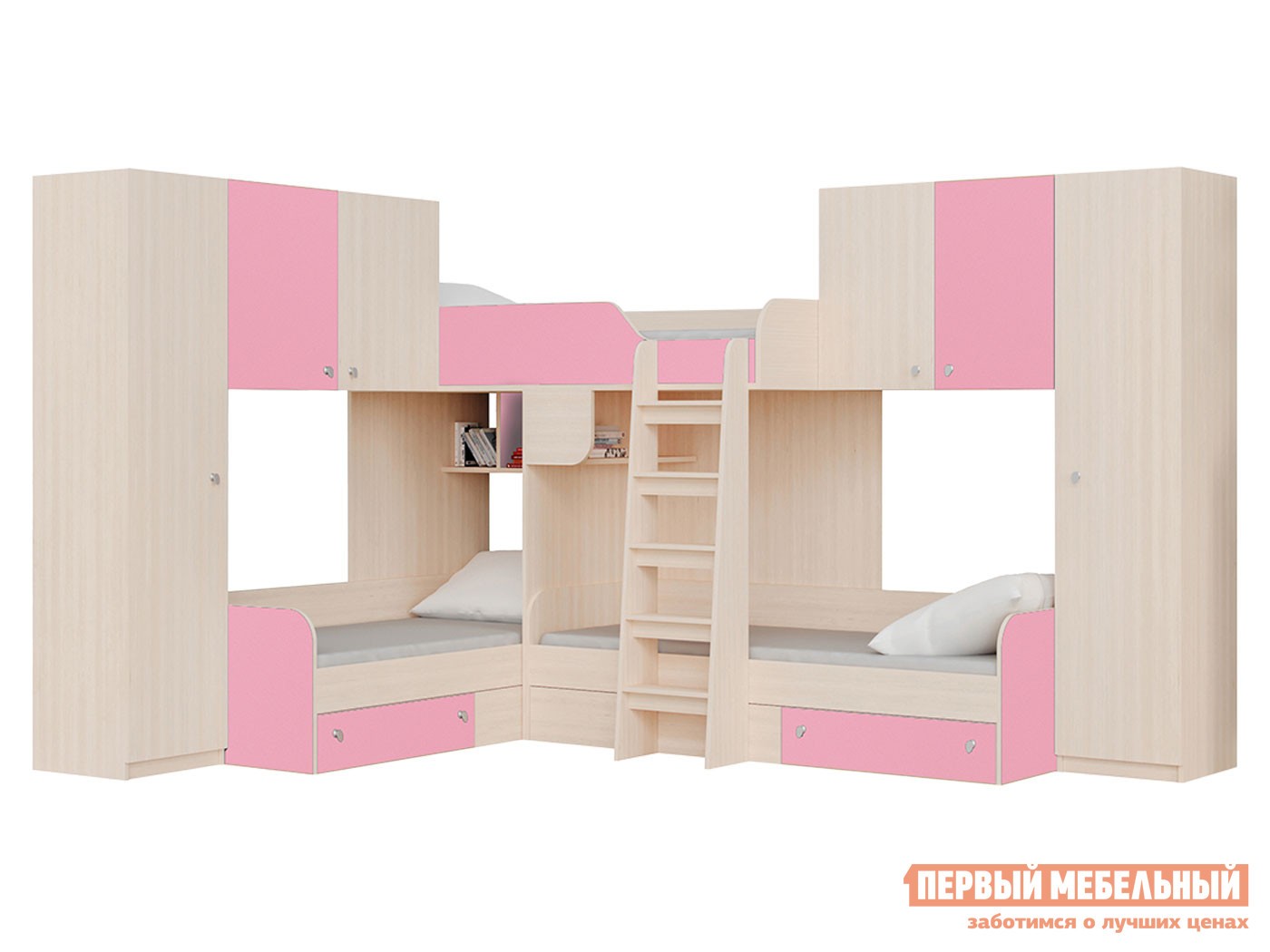 Двухъярусная кровать  Трио/3 Дуб Молочный / Розовый