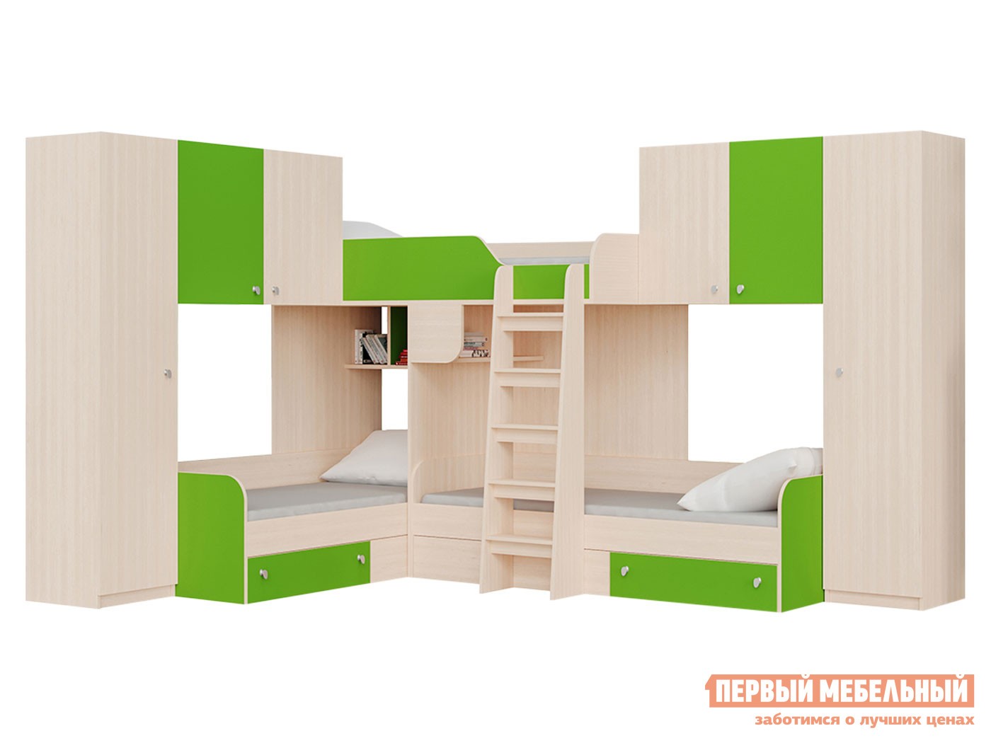 Двухъярусная кровать  Трио/3 Дуб Молочный / Салатовый